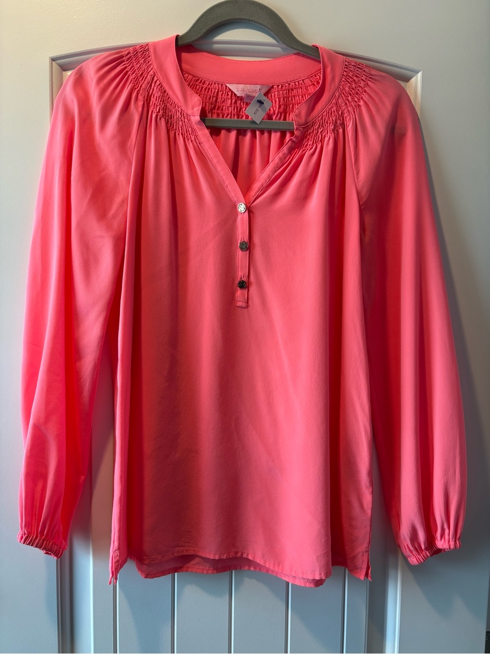 Lilly Pulitzer Coral Pink Long Sleeve Smocked Yoke Blouse